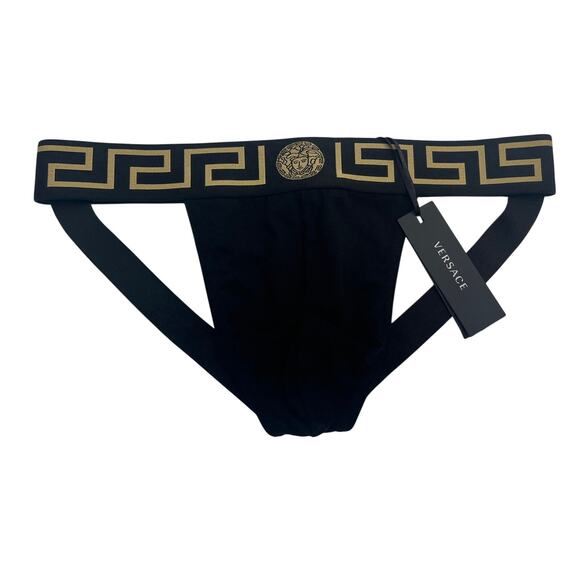 M2-9 VERSACE Men's Greca Jockstrap Underwear Stretch Black/Gold Size 8/38-42/L - Picture 1 of 9